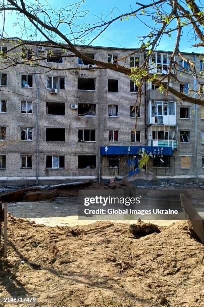 Five-story residential building is damaged by a missile strike on April 15, 2024 in Sloviansk, Donetsk Oblast, Ukraine. Russian troops launched a...