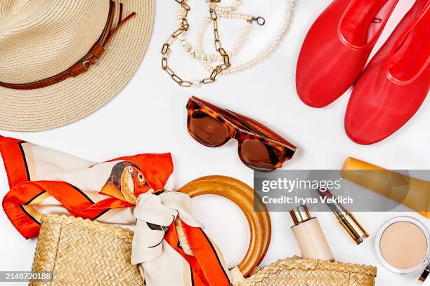 set of fashion collection with trendy fashion clothes and make-up cosmetic products for women in red, beige, brown colours. - gold shoe stock pictures, royalty-free photos & images