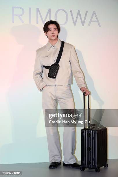 Ro Woon aka RoWoon of boy band SF9 is seen at the RIMOWA 'Mint & Papaya' collection launch photocall on April 15, 2024 in Seoul, South Korea.