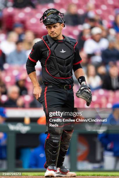 Luke Maile of the Cincinnati Reds looks toward the dugout during a game against the New York Mets at Great American Ball Park on April 05, 2024 in...