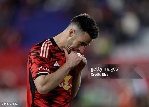 Dylan Nealis of New York Red Bulls reacts to a missed shot during the second half against the Chicago Fire at Red Bull Arena on April 13, 2024 in...