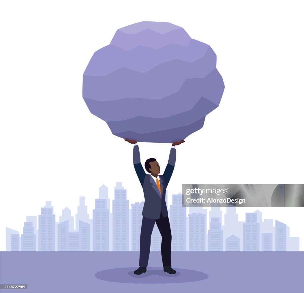 Um empresário afro-americano levantando uma enorme rocha. Conceito de força e poder.