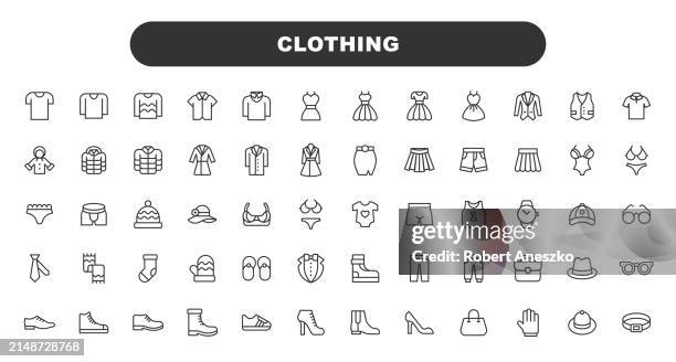 clothes and fashion line icons. editable stroke. contains such icons as fashion, jacket, t-shirt, shoe, suit, wardrobe, skirt, sweater, clothes, fabric, wear, apparel, dress. - coat garment stock illustrations