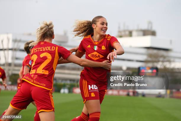 Alayah Sophia Pilgrim with her teammates of AS Roma women celebrates after scoring the opening goal during the Women Serie A playoffs match between...