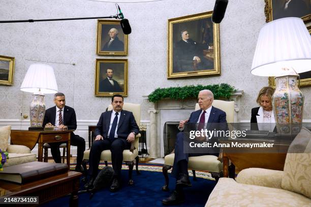 President Joe Biden speaks during a meeting with Iraqi Prime Minister Mohammed Shia al-Sudani in the Oval Office of the White House on April 15, 2024...