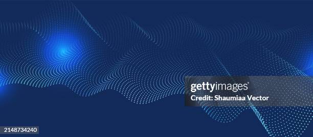 abstract blue glowing energy waves from dotted line particles with blur effect on dark background. futuristic modern backdrop design for business, presentation, ads, banner, website, landing page, wallpaper screen and more - fractal stock illustrations
