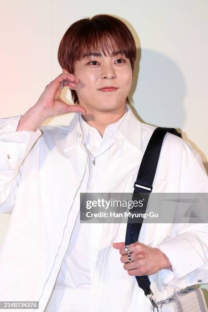 Xiumin of boy band EXO is seen at the RIMOWA 'Mint & Papaya' collection launch photocall on April 15, 2024 in Seoul, South Korea.