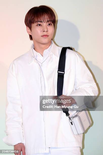 Xiumin of boy band EXO is seen at the RIMOWA 'Mint & Papaya' collection launch photocall on April 15, 2024 in Seoul, South Korea.