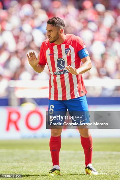 Koke of Atletico de Madrid gestures during the LaLiga EA Sports match between Atletico Madrid and Girona FC at Civitas Metropolitano Stadium on April...