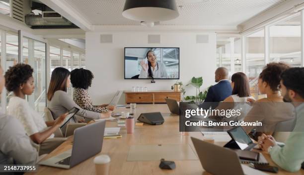 business people, webinar and meeting with staff in conference for team collaboration at office. group of employees listening to video call on tv at workshop for boardroom presentation at workplace - virtual speaker stock pictures, royalty-free photos & images