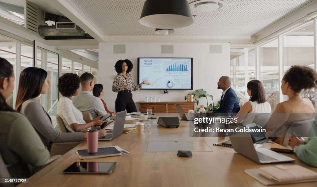 Pessoas de negócios, reunião e apresentação em tela para análise de dados, estatísticas e crescimento financeiro na sala de reuniões. Líder profissional, mulher ou analista com monitor para gráficos, tabelas e relatório
