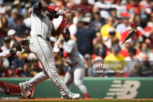 Estevan Florial of the Cleveland Guardians breaks his bat during the fifth inning of a game between the Boston Red Sox and the Cleveland Guardians at...