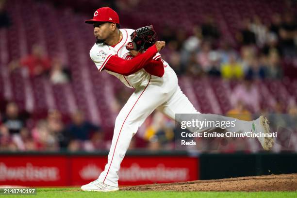 Alexis Diaz of the Cincinnati Reds pitches during a game against the Milwaukee Brewers at Great American Ball Park on April 08, 2024 in Cincinnati,...