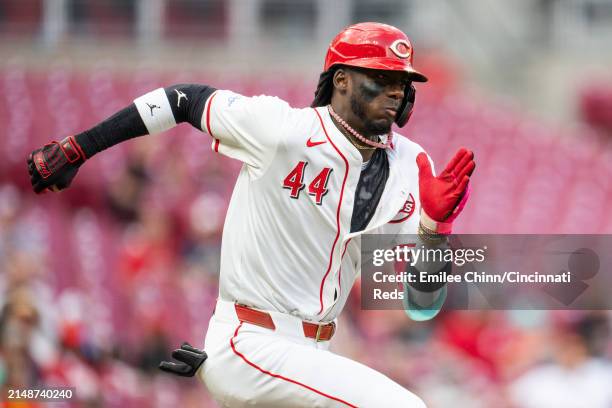 Elly De La Cruz of the Cincinnati Reds runs to first base during a game against the Milwaukee Brewers at Great American Ball Park on April 08, 2024...