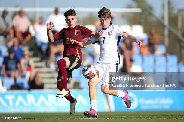 Harry Howell of England battles for possession with Javier Bares Fernandez of Belgiumduring the UEFA MU16 Development Tournament match between...