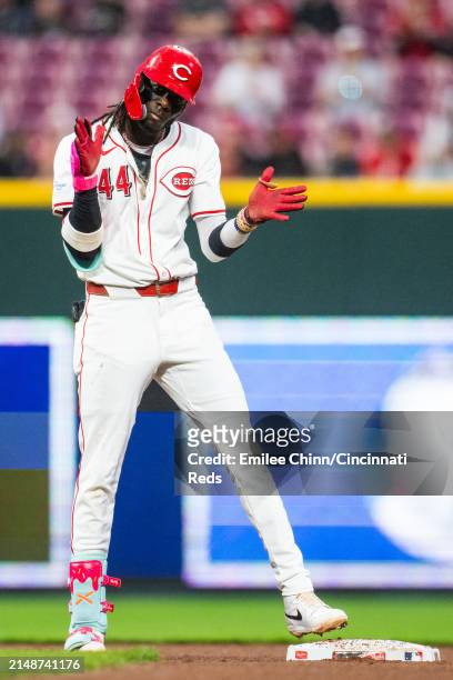 Elly De La Cruz of the Cincinnati Reds celebrates a double during a game against the Milwaukee Brewers at Great American Ball Park on April 09, 2024...