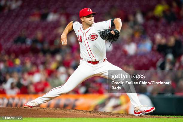 Carson Spiers of the Cincinnati Reds pitches during a game against the Milwaukee Brewers at Great American Ball Park on April 09, 2024 in Cincinnati,...