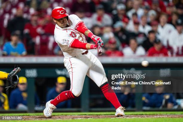 Christian Encarnacion-Strand of the Cincinnati Reds bats during a game against the Milwaukee Brewers at Great American Ball Park on April 09, 2024 in...