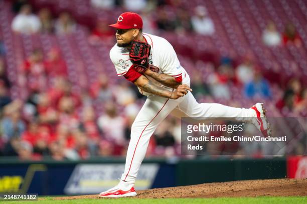 Frankie Montas of the Cincinnati Reds pitches during a game against the Milwaukee Brewers at Great American Ball Park on April 09, 2024 in...