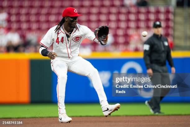 Elly De La Cruz of the Cincinnati Reds catches a ballduring a game against the Milwaukee Brewers at Great American Ball Park on April 09, 2024 in...