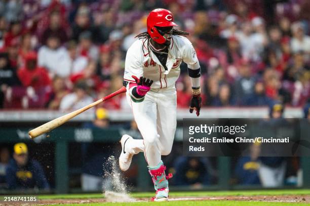 Elly De La Cruz of the Cincinnati Reds hits a double during a game against the Milwaukee Brewers at Great American Ball Park on April 09, 2024 in...