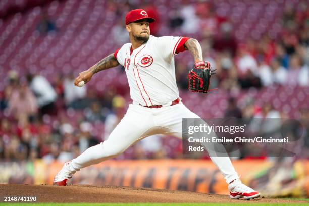 Frankie Montas of the Cincinnati Reds pitches during a game against the Milwaukee Brewers at Great American Ball Park on April 09, 2024 in...