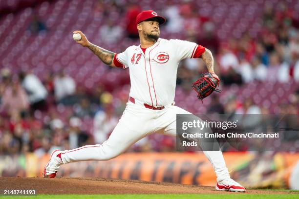 Frankie Montas of the Cincinnati Reds pitches during a game against the Milwaukee Brewers at Great American Ball Park on April 09, 2024 in...