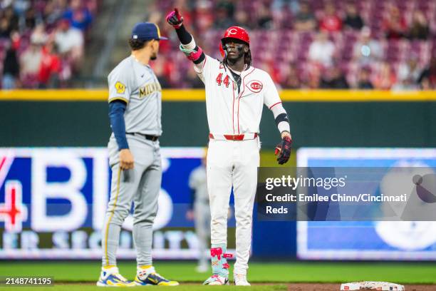 Elly De La Cruz of the Cincinnati Reds celebrates a double during a game against the Milwaukee Brewers at Great American Ball Park on April 09, 2024...