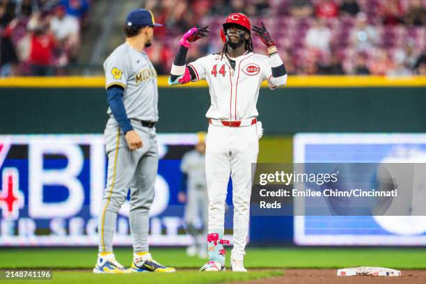 Elly De La Cruz of the Cincinnati Reds celebrates a double during a game against the Milwaukee Brewers at Great American Ball Park on April 09, 2024...