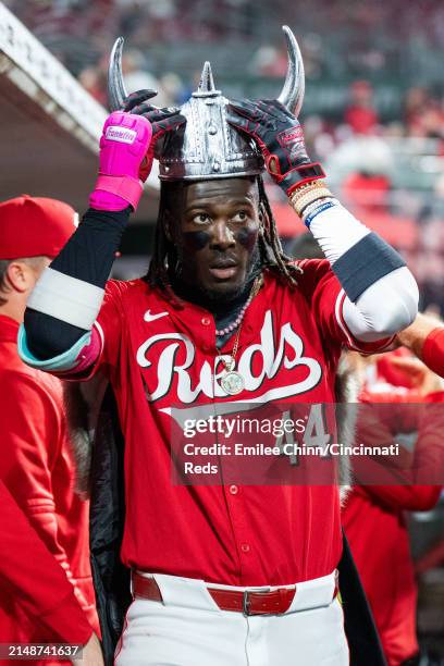 Elly De La Cruz of the Cincinnati Reds celebrates hitting a home run during a game against the Milwaukee Brewers at Great American Ball Park on April...
