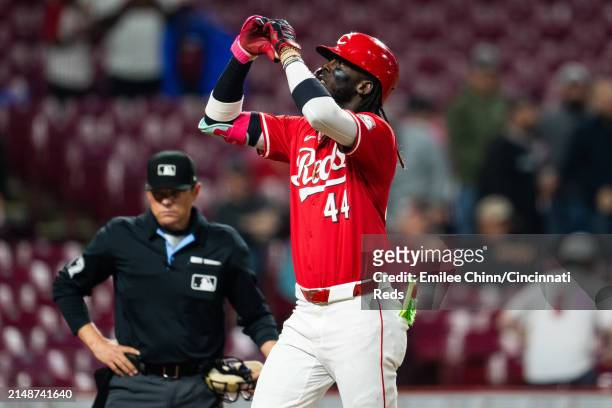 Elly De La Cruz of the Cincinnati Reds celebrates hitting a home run during a game against the Milwaukee Brewers at Great American Ball Park on April...