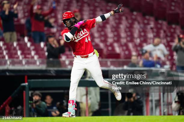 Elly De La Cruz of the Cincinnati Reds celebrates hitting a home run during a game against the Milwaukee Brewers at Great American Ball Park on April...