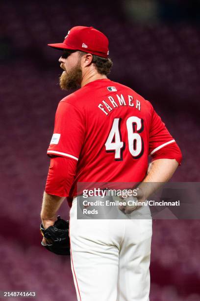 Buck Farmer of the Cincinnati Reds pitches during a game against the Milwaukee Brewers at Great American Ball Park on April 10, 2024 in Cincinnati,...