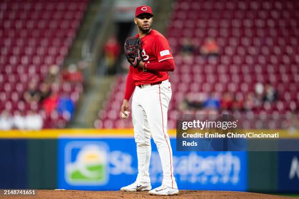 Hunter Greene of the Cincinnati Reds pitches during a game against the Milwaukee Brewers at Great American Ball Park on April 10, 2024 in Cincinnati,...