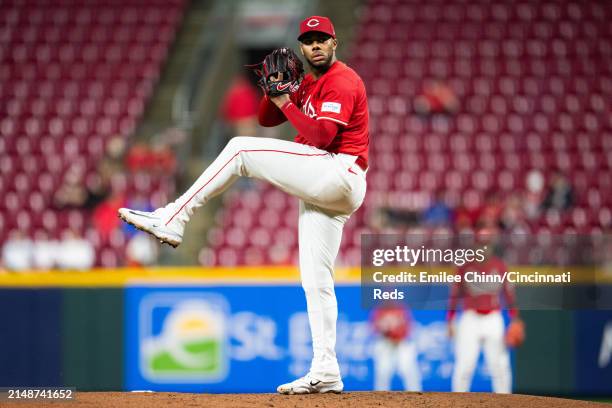 Hunter Greene of the Cincinnati Reds pitches during a game against the Milwaukee Brewers at Great American Ball Park on April 10, 2024 in Cincinnati,...