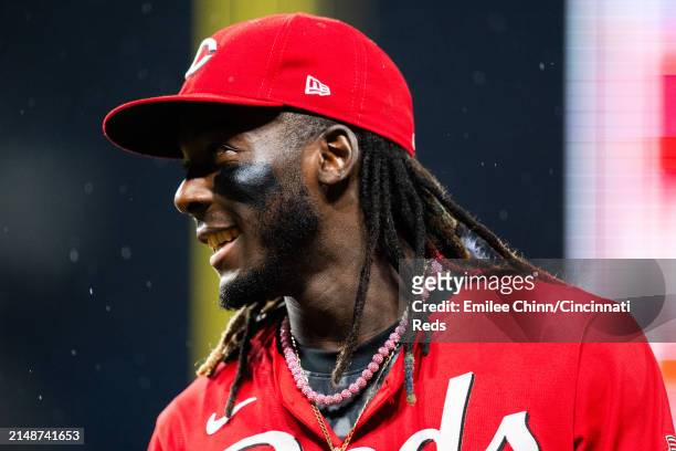Elly De La Cruz of the Cincinnati Reds smiles during a game against the Milwaukee Brewers at Great American Ball Park on April 10, 2024 in...