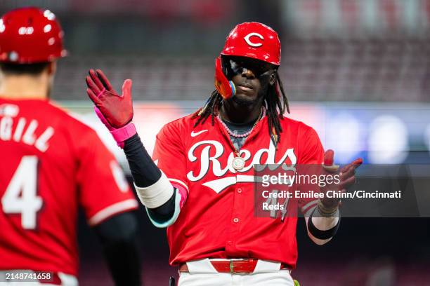 Elly De La Cruz of the Cincinnati Reds celebrates a single during a game against the Milwaukee Brewers at Great American Ball Park on April 10, 2024...