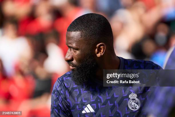 Antonio Rudiger of Real Madrid looks on during the warm up prior the LaLiga EA Sports match between RCD Mallorca and Real Madrid CF at Estadi de Son...
