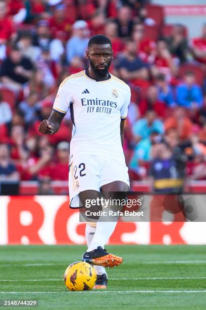 Antonio Rudiger of Real Madrid pass the ball during the LaLiga EA Sports match between RCD Mallorca and Real Madrid CF at Estadi de Son Moix on April...