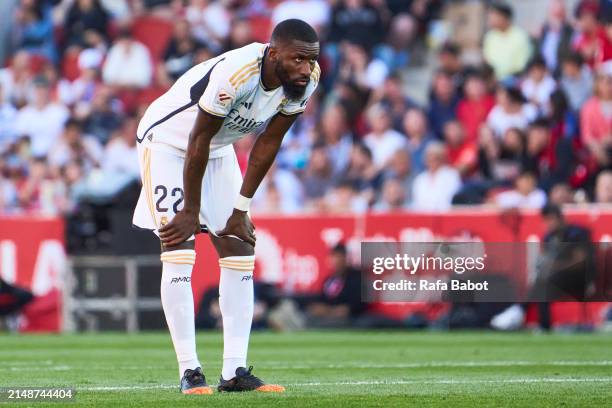 Antonio Rudiger of Real Madrid looks on during the LaLiga EA Sports match between RCD Mallorca and Real Madrid CF at Estadi de Son Moix on April 13,...