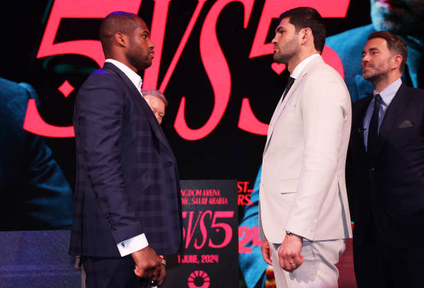 Daniel Dubois and Filip Hrgovic face off before their 5v5 fight during a press conference ahead of the Artur Beterbiev and Dmitrill Bivol WBA, WBC,...