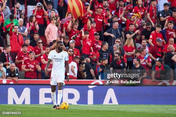 Antonio Rudiger of Real Madrid controls the ball during the LaLiga EA Sports match between RCD Mallorca and Real Madrid CF at Estadi de Son Moix on...