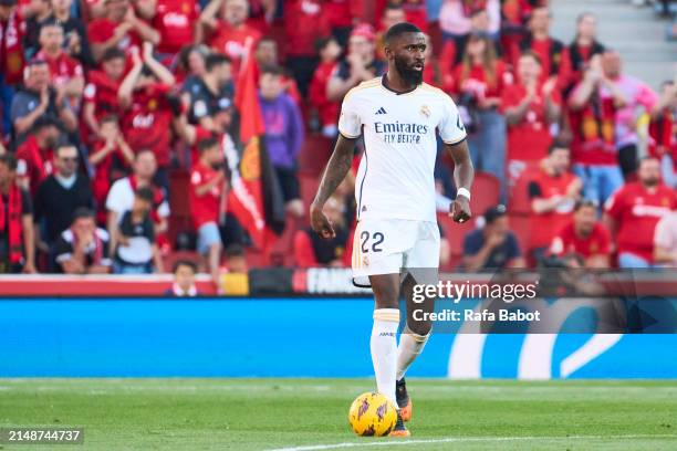 Antonio Rudiger of Real Madrid runs with the ball during the LaLiga EA Sports match between RCD Mallorca and Real Madrid CF at Estadi de Son Moix on...