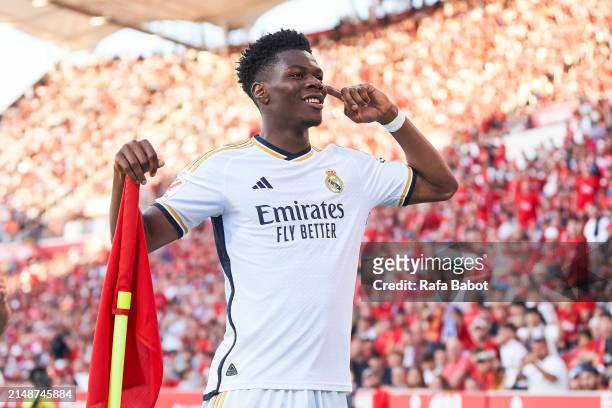 Aurelien Tchouameni of Real Madrid celebrates scoring his team´s first goal during the LaLiga EA Sports match between RCD Mallorca and Real Madrid CF...