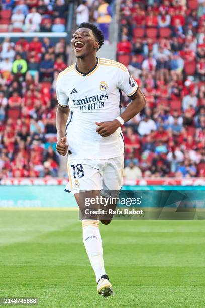 Aurelien Tchouameni of Real Madrid celebrates scoring his team´s first goal during the LaLiga EA Sports match between RCD Mallorca and Real Madrid CF...