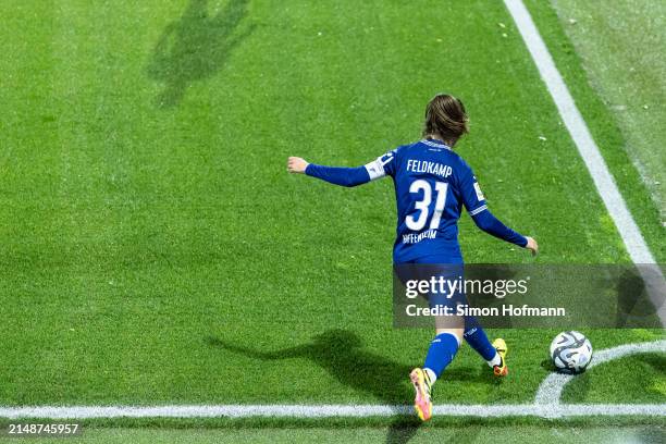 Jana Feldkamp of Hoffenheim takes a corner kick during the Google Pixel Women's Bundesliga match between TSG Hoffenheim v 1. FC Köln at...