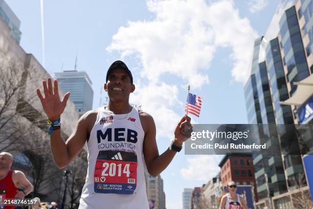 Boston Marathon Champion Meb Keflezighi of the United States poses during the 128th Boston Marathon on April 15, 2024 in Boston, Massachusetts.