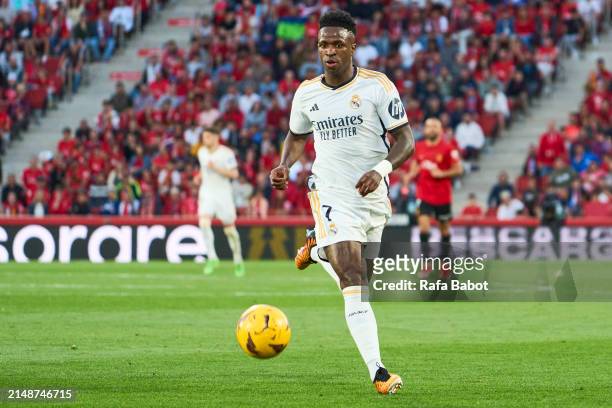 Vinicius Junior of Real Madrid runs with the ball during the LaLiga EA Sports match between RCD Mallorca and Real Madrid CF at Estadi de Son Moix on...