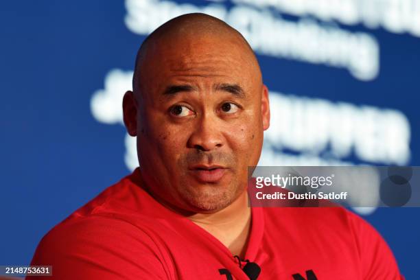 Powerlifter Bobby Body speaks to the media at the Team USA Media Summit at Marriott Marquis Hotel on April 15, 2024 in New York City.