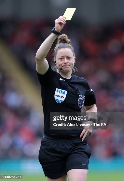 Referee Kirsty Dowle during the Adobe Women's FA Cup Semi Final match between Manchester United and Chelsea at Leigh Sports Village on April 14, 2024...